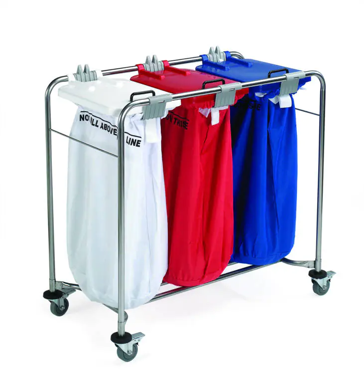 Laundry Cart,3 Bag S/Steel,Red,White,Blue Lid Eac