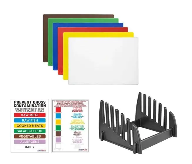 Low Density Colour Chopping Board Set(6) c/w Chart & Rack